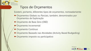 Tipos de Orçamentos
Existem, portanto, diferentes tipos de orçamentos, nomeadamente:
 Orçamentos Globais ou Parciais, também, denominados por
Orçamentos de Exploração
 Orçamento de Base Zero (OBZ)
 Orçamento Incremental
 Orçamento Contínuo
 Orçamento Baseado nas Atividades (Activity Based Budgeding)
 Orçamento imposto ou participativo
 