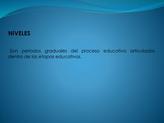 NIVELES
Son períodos graduales del proceso educativo articulados
dentro de las etapas educativas.
 