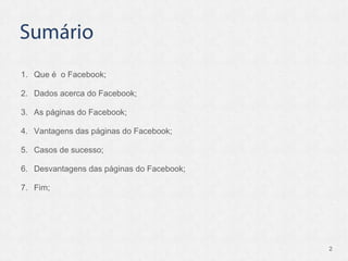 Que é  o Facebook; Dados acerca do Facebook; As páginas do Facebook; Vantagens das páginas do Facebook; Casos de sucesso; Desvantagens das páginas do Facebook; Fim;  