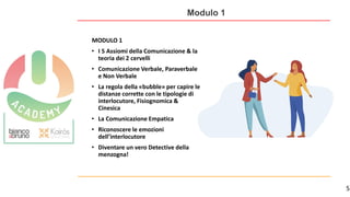 5
Modulo 1
MODULO 1
• I 5 Assiomi della Comunicazione & la
teoria dei 2 cervelli
• Comunicazione Verbale, Paraverbale
e Non Verbale
• La regola della «bubble» per capire le
distanze corrette con le tipologie di
interlocutore, Fisiognomica &
Cinesica
• La Comunicazione Empatica
• Riconoscere le emozioni
dell’interlocutore
• Diventare un vero Detective della
menzogna!
 