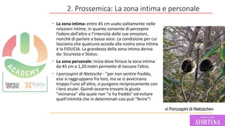 59
2. Prossemica: La zona intima e personale
• La zona intima: entro 45 cm usato solitamente nelle
relazioni intime, in quanto consente di percepire
l’odore dell’altro e l’intensità delle sue emozioni,
nonché di parlare a bassa voce. La condizione per cui
lasciamo che qualcuno acceda alla nostra zona intima
è la FIDUCIA. La grandezza della zona intima deriva
da: Sicurezza e Status.
• La zona personale: Inizia dove finisce la zona intima:
da 45 cm a 1,20 metri permette di toccare l’altro.
• I porcospini di Nietzsche - "per non sentire freddo,
essi si raggruppano fra loro, ma se si avvicinano
troppo l'uno all'altro, si pungono reciprocamente con
i loro aculei. Quindi occorre trovare la giusta
"vicinanza" alla quale non "si ha freddo" ed evitare
quell'intimità che in determinati casi può "ferire"!
«I Porcospini di Nietzsche»
 
