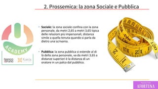 60
• Sociale: la zona sociale confina con la zona
personale, da metri 2,65 a metri 3,65 tipica
delle relazioni più impersonali, distanza
simile a quella tenuta quando si parla da
dietro una scrivania.
• Pubblica: la zona pubblica si estende al di
là della zona personale, va da metri 3,65 a
distanze superiori è la distanza di un
oratore in un palco dal pubblico.
2. Prossemica: la zona Sociale e Pubblica
 