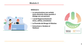 6
Modulo 2
MODULO 2
• La comunicazione non verbale
come elemento chiave quando si
dialoga con una persona
• I canali Rappresentazionali:
visivo, uditivo, cenestesico
• La Piramide dei Bisogni di Maslow
• Comunicare e Vendere al
Telefono!
 