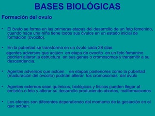 BASES BIOLÓGICAS 
Formación del ovulo 
• El óvulo se forma en las primeras etapas del desarrollo de un feto femenino, 
cuando nace una niña tiene todos sus óvulos en un estado inicial de 
formación (ovocito). 
• En la pubertad se transforma en un óvulo cada 28 días 
agentes adversos que actúen en etapa de ovocito en un feto femenino 
podrían alterar la estructura en sus genes o cromosomas y transmitir a su 
descendencia. 
• Agentes adversos que actúen en etapas posteriores como la pubertad 
(maduración del ovocito) podrían alterar los cromosomas del óvulo 
• Agentes externos sean químicos, biológicos y físicos pueden llegar al 
embrión o feto y alterar su desarrollo produciendo abortos, malformaciones 
• Los efectos son diferentes dependiendo del momento de la gestación en el 
que actúan. 
 