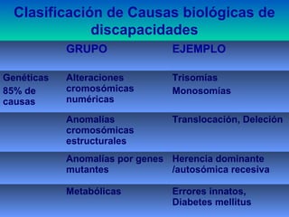 Clasificación de Causas biológicas de 
discapacidades 
GRUPO EJEMPLO 
Genéticas 
85% de 
causas 
Alteraciones 
cromosómicas 
numéricas 
Trisomías 
Monosomías 
Anomalías 
cromosómicas 
estructurales 
Translocación, Deleción 
Anomalías por genes 
mutantes 
Herencia dominante 
/autosómica recesiva 
Metabólicas Errores innatos, 
Diabetes mellitus 
 