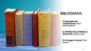 BIBLIOGRAFIA:
• Il linguaggio del
cambiamento: Paul
WATZLAWICH
• IL POTERE DELLE PAROLE E
DELLA PNL: Robert Dilts
• Te lo Leggo in Faccia: Paul
Ekman
117
 
