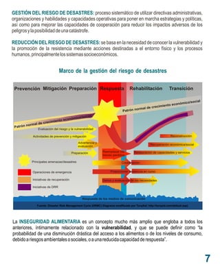 7
GESTIÓN DEL RIESGO DE DESASTRES:
REDUCCIÓN DEL RIESGO DE DESASTRES:
proceso sistemático de utilizar directivas administrativas,
organizaciones y habilidades y capacidades operativas para poner en marcha estrategias y políticas,
así como para mejorar las capacidades de cooperación para reducir los impactos adversos de los
peligrosylaposibilidaddeunacatástrofe.
se basa en la necesidad de conocer la vulnerabilidad y
la promoción de la resistencia mediante acciones destinadas a el entorno físico y los procesos
humanos,principalmentelossistemassocioeconómicos.
La es un concepto mucho más amplio que engloba a todos los
anteriores, íntimamente relacionado con la vulnerabilidad, y que se puede definir como “la
probabilidad de una disminución drástica del acceso a los alimentos o de los niveles de consumo,
debidoariesgosambientalesosociales,oaunareducidacapacidadderespuesta”.
INSEGURIDAD ALIMENTARIA
t ó r l r i e
óm o/ c l
Pa r n no ma de c ec mi nto econ ic so ia
Marco de la gestión del riesgo de desastres
 