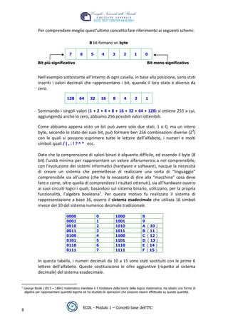 Per comprendere meglio quest’ultimo concetto fare riferimento ai seguenti schemi:

                                                   8 bit formano un byte

                                    7       6       5        4     3       2       1       0

              Bit più significativo                                                          Bit meno significativo


              Nell’esempio sottostante all’interno di ogni casella, in base alla posizione, sono stati
              inseriti i valori decimali che rappresentano i bit, quando il loro stato è diverso da




                                                                                                              t
              zero.




                                                                                                      r.i
                                  128      64       32       16     8      4       2         1




                                                                                       cn
              Sommando i singoli valori (1 + 2 + 4 + 8 + 16 + 32 + 64 + 128) si ottiene 255 a cui,
              aggiungendo anche lo zero, abbiamo 256 possibili valori ottenibili.




                                                                     @
              Come abbiamo appena visto un bit può avere solo due stati, 1 o 0, ma un intero
              byte, secondo lo stato dei suoi bit, può formare ben 256 combinazioni diverse (2 8)
              con le quali si possono esprimere tutte le lettere dell’alfabeto, i numeri e molti
                                                                  ro
              simboli quali / ( , : ! ? ^ * ecc.

              Dato che la comprensione di valori binari è alquanto difficile, ed essendo il byte (8
                                                        ie
              bit) l’unità minima per rappresentare un valore alfanumerico a noi comprensibile,
              con l’evoluzione dei sistemi informatici (hardware e software), nacque la necessità
                                            lb

              di creare un sistema che permettesse di realizzare una sorta di “linguaggio”
              comprensibile sia all’uomo (che ha la necessità di dire alla “macchina” cosa deve
                                  .a


              fare e come, oltre quella di comprendere i risultati ottenuti), sia all’hardware ovvero
              ai suoi circuiti logici i quali, basandosi sul sistema binario, utilizzano, per la propria
              funzionalità, l’algebra booleana1. Per questo motivo fu realizzato il sistema di
                        to




              rappresentazione a base 16, ovvero il sistema esadecimale che utilizza 16 simboli
              invece dei 10 del sistema numerico decimale tradizionale.
         r




                                  0000                   0             1000              8
      be




                                  0001                   1             1001              9
                                  0010                   2             1010              A   ( 10 )
                                  0011                   3             1011              B   ( 11 )
                                  0100                   4             1100              C   ( 12 )
ro




                                  0101                   5             1101              D   ( 13 )
                                  0110                   6             1110              E   ( 14 )
                                  0111                   7             1111              F   ( 15 )

              In questa tabella, i numeri decimali da 10 a 15 sono stati sostituiti con le prime 6
              lettere dell’alfabeto. Queste costituiscono le cifre aggiuntive (rispetto al sistema
              decimale) del sistema esadecimale.


1
    George Boole (1815 – 1864) matematico irlandese è il fondatore della teoria della logica matematica. Ha ideato una forma di
    algebra per rappresentare quantità logiche ed ha studiato le operazioni che possono essere effettuate su queste quantità.




                                                ECDL - Modulo 1 – Concetti base dell’ITC
8
 
