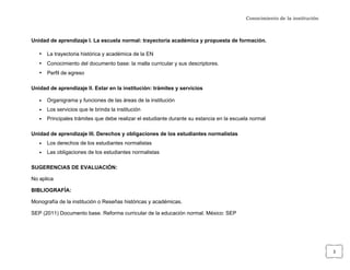 Conocimiento de la institución



Unidad de aprendizaje I. La escuela normal: trayectoria académica y propuesta de formación.

       •   La trayectoria histórica y académica de la EN
       •   Conocimiento del documento base: la malla curricular y sus descriptores.
       •   Perfil de egreso

Unidad de aprendizaje II. Estar en la institución: trámites y servicios

       •   Organigrama y funciones de las áreas de la institución
       •   Los servicios que le brinda la institución
       •   Principales trámites que debe realizar el estudiante durante su estancia en la escuela normal

Unidad de aprendizaje III. Derechos y obligaciones de los estudiantes normalistas
       •   Los derechos de los estudiantes normalistas
       •   Las obligaciones de los estudiantes normalistas

SUGERENCIAS DE EVALUACIÓN:

No aplica

BIBLIOGRAFÍA:

Monografía de la institución o Reseñas históricas y académicas.

SEP (2011) Documento base. Reforma curricular de la educación normal. México: SEP




	
                                                                                                                              3	
  
 