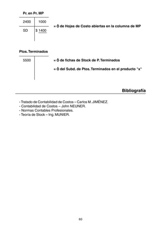 Pr. en Pr. MP

  2400      1000
                     = Ó de Hojas de Costo abiertas en la columna de MP
  SD      $ 1400




Ptos. Terminados

  5500               = Ó de fichas de Stock de P. Terminados

                     = Ó del Subd. de Ptos. Terminados en el producto "x"




                                                               Bibliografía

- Tratado de Contabilidad de Costos – Carlos M. JIMÉNEZ.
- Contabilidad de Costos – John NEUNER.
- Normas Contables Profesionales.
- Teoría de Stock – Ing. MUNIER.




                                     60
 