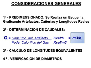 1º - PREDIMENSIONADO: Se Realiza un Esquema,
Graficando Artefactos, Cañerías y Longitudes Reales
2º - DETERMINACION DE CAUDALES:
Q = Consumo del artefacto Kcal/h = m3/h
Poder Calorífico del Gas Kcal/m3
3º - CALCULO DE LONGITUDES EQUIVALENTES
4 º - VERIFICACION DE DIAMETROS
CONSIDERACIONES GENERALES
 
