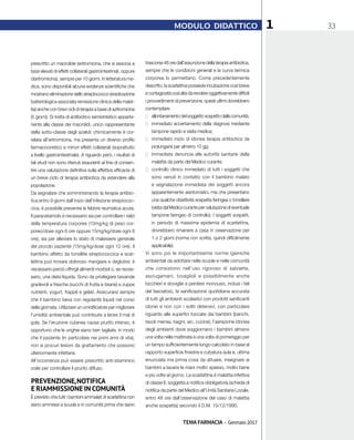 TEMA FARMACIA - Gennaio 2017
331MODULO DIDATTICO
prescritto un macrolide (eritromicina, che si associa a
tassi elevati di effetti collaterali gastrointestinali, oppure
claritromicina), sempre per 10 giorni. In letteratura me-
dica, sono disponibili alcune evidenze scientifiche che
mostrano eliminazione dello streptococco (eradicazione
batteriologica associata remissione clinica della malat-
tia) anche con brevi cicli di terapia a base di azitromicina
(5 giorni). Si tratta di antibiotico semisintetico apparte-
nente alla classe dei macrolidi, unico rappresentante
della sotto-classe degli azalidi; chimicamente è cor-
relata all’eritromicina, ma presenta un diverso profilo
farmacocinetico e minori effetti collaterali (soprattutto
a livello gastrointestinale). A riguardo però, i risultati di
tali studi non sono ritenuti esaurienti al fine di consen-
tire una valutazione definitiva sulla effettiva efficacia di
un breve ciclo di terapia antibiotica da estendere alla
popolazione.
Da segnalare che somministrando la terapia antibio-
tica entro 9 giorni dall’inizio dell’infezione streptococ-
cica, è possibile prevenire la febbre reumatica acuta.
Il paracetamolo è necessario sia per controllare i rialzi
della temperatura corporea (10mg/kg di peso cor-
poreo/dose ogni 6 ore oppure 15mg/kg/dose ogni 8
ore), sia per alleviare lo stato di malessere generale
del piccolo paziente (15mg/kg/dose ogni 12 ore). Il
bambino affetto da tonsillite streptococcica e scar-
lattina può trovare doloroso mangiare e deglutire; è
necessario perciò offrirgli alimenti morbidi o, se neces-
sario, una dieta liquida. Sono da privilegiare bevande
gradevoli e fresche (succhi di frutta e tisane) e zuppe
nutrienti, yogurt, frappè e gelati. Assicurarsi sempre
che il bambino beva con regolarità liquidi nel corso
della giornata. Utilizzare un umidificatore per migliorare
l’umidità ambientale può contribuire a lenire il mal di
gola. Se l’eruzione cutanea causa prurito intenso, è
opportuno che le unghie siano ben tagliate, in modo
che il paziente (in particolare nei primi anni di vita),
non si procuri lesioni da grattamento che possono
ulteriormente infettarsi.
All’occorrenza può essere prescritto anti-istaminico
orale per controllare il prurito diffuso.
PREVENZIONE,NOTIFICA
E RIAMMISSIONE IN COMUNITÀ
È previsto che tutti i bambini ammalati di scarlattina non
siano ammessi a scuola e in comunità prima che siano
trascorse 48 ore dall’assunzione della terapia antibiotica,
sempre che le condizioni generali e la curva termica
corporea lo permettano. Come precedentemente
descritto, la scarlattina possiede incubazione così breve
e contagiosità così alta da rendere oggettivamente difficili
i provvedimenti di prevenzione; questi ultimi dovrebbero
contemplare:
■■ allontanamentodelsoggettosospettodallacomunità;
■■ immediato accertamento della diagnosi mediante
tampone rapido e visita medica;
■■ immediato inizio di idonea terapia antibiotica da
prolungarsi per almeno 10 gg;
■■ immediata denuncia alle autorità sanitarie della
malattia da parte del Medico curante;
■■ controllo clinico immediato di tutti i soggetti che
sono venuti in contatto con il bambino malato
e segnalazione immediata dei soggetti ancora
apparentemente asintomatici, ma che presentano
una qualche obiettività sospetta faringea o tonsillare
(visita dal Medico curante per valutazione di eventuale
tampone faringeo di controllo). I soggetti sospetti,
in periodo di massima epidemia di scarlattina,
dovrebbero rimanere a casa in osservazione per
1 o 2 giorni (norma non scritta, quindi difficilmente
applicabile).
Vi sono poi le importantissime norme igieniche
ambientali da adottare nelle scuole e nelle comunità
che consistono nell’uso rigoroso di salviette,
asciugamani, tovaglioli e possibilmente anche
bicchieri e stoviglie a perdere monouso, inclusi i teli
del fasciatoio, la sanificazione quotidiana accurata
di tutti gli ambienti scolastici con prodotti sanificanti
idonei e non con i soliti detersivi, con particolare
riguardo alle superfici toccate dai bambini (banchi,
tavoli mensa, bagni, wc, cucine), l’aerazione idonea
degli ambienti dove soggiornano i bambini almeno
una volta nella mattinata e una volta di pomeriggio per
un tempo sufficientemente lungo calcolato in base al
rapporto superficie finestre e cubatura aula e, ultima
enunciata ma prima cosa da attuare, insegnare ai
bambini a lavarsi le mani molto spesso, molto bene
e più volte al giorno. La scarlattina è malattia infettiva
di classe II, soggetta a notifica obbligatoria (scheda di
notifica da parte del Medico all’Unità Sanitaria Locale,
entro 48 ore dall’osservazione del caso di malattia
anche sospetta) secondo il D.M. 15/12/1990.
 