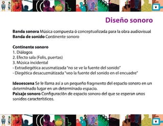 Diseño sonoro 
Banda sonora Música compuesta ó conceptualizada para la obra audiovisual 
Banda de sonido Continente sonoro 
Continente sonoro 
1. Diálogos 
2. Efecto sala (Folis, puertas) 
3. Música incidental 
- Extradiegética acusmatizada “no se ve la fuente del sonido” 
- Diegética desacuzmátizada “veo la fuente del sonido en el encuadre” 
Ideoescena Se le llama así a un pequeño fragmento del espacio sonoro en un 
determinado lugar en un determinado espacio. 
Paisaje sonoro Conguración de espacio sonoro del que se esperan unos 
sonidos característicos. 
 