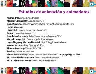 Estudios de animación y animadores 
Animaedro: www.animaedro.com 
Alejandro Riaño: http://goo.gl/6UaSFs 
DomoAnimato: http://www.hierro.tv/es_hierro.phpdomoanimato.com 
Hayao Miyazaki 
Hierro: http://www.hierro.tv/es_hierro.php 
Jaguar : www.jaguar.com.co 
Juan Pablo Zaramella: http://www.zaramella.com.ar/site/ 
María Arteaga: http://www.impalanimacion.com/ 
Laura Piaggio y Marcelo Dematei: http://piaggiodematei.com/ 
Noman McLaren: http://goo.gl/k2aPbk 
Ricardo Arce: http://vimeo.5419749 
Pes: http://www.eatpes.com/ 
Walter Tournier: http://www.tournieranimation.com/ - http://goo.gl/ULfroA 
1881 estudio de animación: www.1881animation.com 
3da2 Animation Studios: www.3da2animation.com 
 