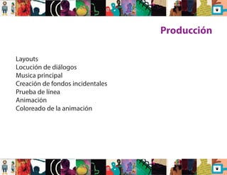 Producción 
Layouts 
Locución de diálogos 
Musica principal 
Creación de fondos incidentales 
Prueba de línea 
Animación 
Coloreado de la animación 
 