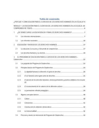 Tabla de contenido
¿POR QUÉ Y CÓMO EDUCAR PARA EL EJERCICIO DE LOS DERECHOS HUMANOS EN LA ESCUELA? 4
MODULO 1: LA EDUCACIÓN PARA EL EJERCICIO DE LOS DERECHOS HUMANOS EN LA ESCUELA: UN
COMPROMISO DE TODOS.................................................................................................................... 6
1. ¿DE DONDE SURGE LA EDUCACION EN Y PARA LOS DERECHOS HUMANOS?........................... 7
1.1. Los referentes internacionales................................................................................................. 7
1.2. Los referentes nacionales ..................................................................................................... 10
2. EDUCACIÓN Y VIVENCIA DE LOS DERECHOS HUMANOS.......................................................... 17
2.1. La educación, la escuela y el desarrollo de competencias........................................................ 17
2.2 Los derechos humanos y su vivencia..................................................................................... 19
3. EL PROGRAMA DE EDUCACION PARA EL EJERCICIO DE LOS DERECHOS HUMANOS –
Eduderechos- ...................................................................................................................................... 22
3.1. Los propósito del Programa de Eduderechos.......................................................................... 23
3.2. Principios básicos del Programa de Eduderechos ................................................................... 23
3.2.1. La dignidad humana es inherente al sujeto de derechos .................................................. 24
3.2.2. El ser humano como sujeto activo de derechos............................................................... 25
3.2.3. El ejercicio de los derechos humanos: vivencia permanente y práctica cotidiana en la escuela
25
3.2.4. El reconocimiento de los saberes de los diferentes actores.............................................. 29
3.2.5. La permanente reflexión pedagógica.............................................................................. 29
3.3. Algunos conceptos básicos................................................................................................... 30
3.3.1. Cultura ........................................................................................................................ 30
3.3.2. Convivencia................................................................................................................. 31
3.3.3. Construcción de ambientes democráticos....................................................................... 32
3.3.4. La transversalidad........................................................................................................ 32
3.4. Procesos y niveles de intervención del Programa de Eduderechos........................................... 33
 
