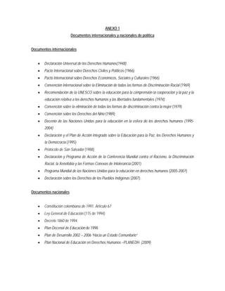 ANEXO 1
Documentos internacionales y nacionales de política
Documentos internacionales
• Declaración Universal de los Derechos Humanos(1948)
• Pacto Internacional sobre Derechos Civiles y Políticos (1966)
• Pacto Internacional sobre Derechos Económicos, Sociales y Culturales (1966)
• Convención Internacional sobre la Eliminación de todas las formas de Discriminación Racial (1969)
• Recomendación de la UNESCO sobre la educación para la comprensión la cooperación y la paz y la
educación relativa a los derechos humanos y las libertades fundamentales (1974)
• Convención sobre la eliminación de todas las formas de discriminación contra la mujer (1979)
• Convención sobre los Derechos del Niño (1989)
• Decenio de las Naciones Unidas para la educación en la esfera de los derechos humanos (1995-
2004)
• Declaración y el Plan de Acción Integrado sobre la Educación para la Paz, los Derechos Humanos y
la Democracia (1995)
• Protocolo de San Salvador (1988)
• Declaración y Programa de Acción de la Conferencia Mundial contra el Racismo, la Discriminación
Racial, la Xenofobia y las Formas Conexas de Intolerancia (2001)
• Programa Mundial de las Naciones Unidas para la educación en derechos humanos (2005-2007)
• Declaración sobre los Derechos de los Pueblos Indígenas (2007).
Documentos nacionales
• Constitución colombiana de 1991. Artículo 67
• Ley General de Educación (115 de 1994)
• Decreto 1860 de 1994
• Plan Decenal de Educación de 1998
• Plan de Desarrollo 2002 – 2006 “Hacia un Estado Comunitario”
• Plan Nacional de Educación en Derechos Humanos –PLANEDH- (2009)
 