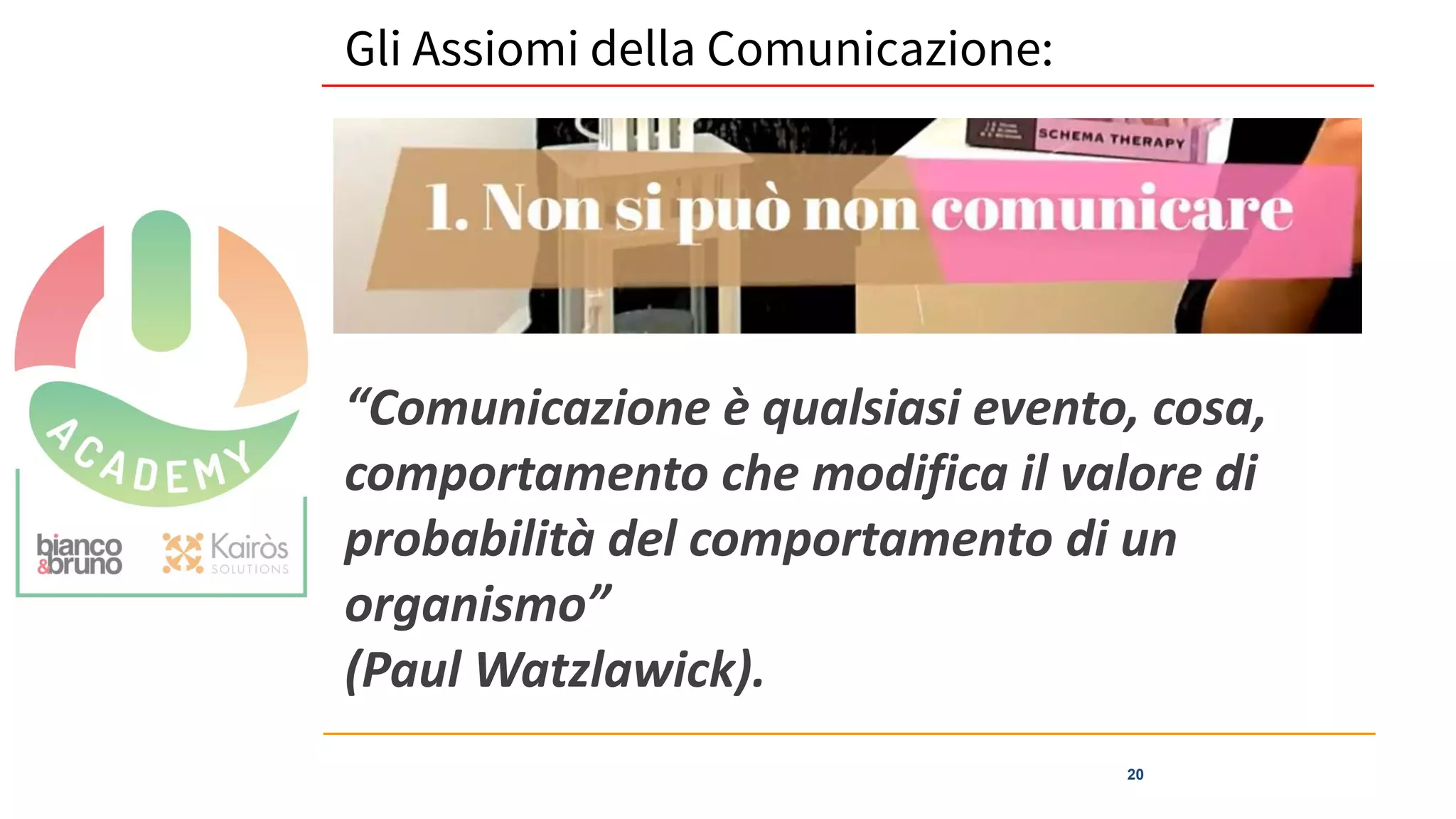 20
Gli Assiomi della Comunicazione:
“Comunicazione è qualsiasi evento, cosa,
comportamento che modifica il valore di
probabilità del comportamento di un
organismo”
(Paul Watzlawick).
 