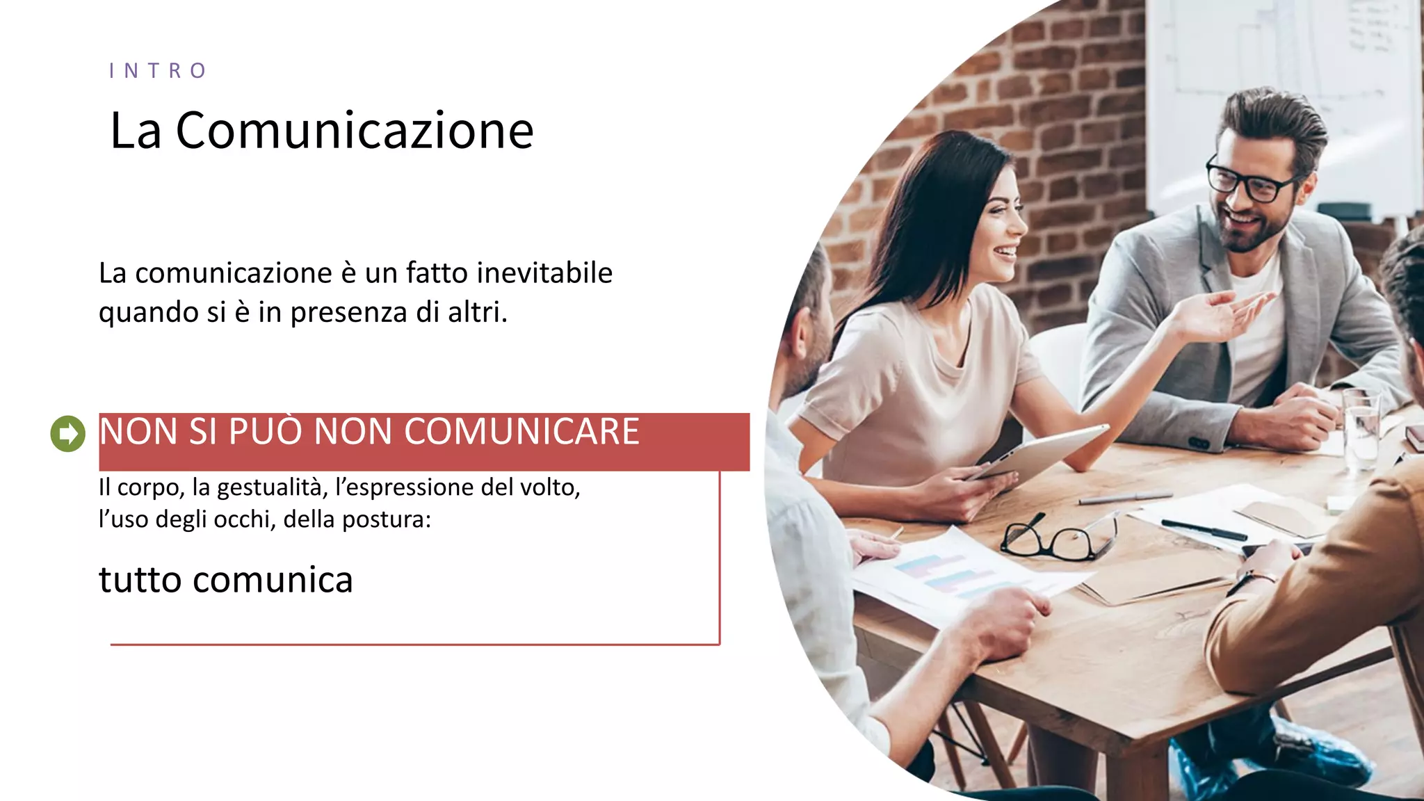 La Comunicazione
La comunicazione è un fatto inevitabile
quando si è in presenza di altri.
NON SI PUÒ NON COMUNICARE
Il corpo, la gestualità, l’espressione del volto,
l’uso degli occhi, della postura:
tutto comunica
I N T R O
 
