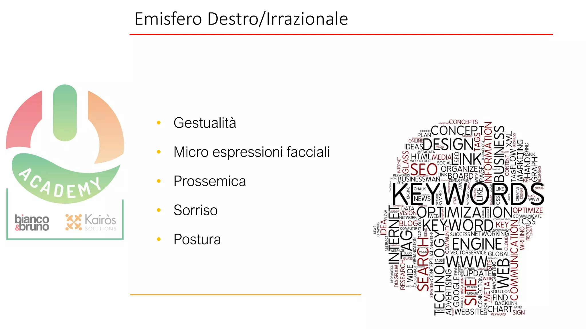 Emisfero Destro/Irrazionale
• Gestualità
• Micro espressioni facciali
• Prossemica
• Sorriso
• Postura
 