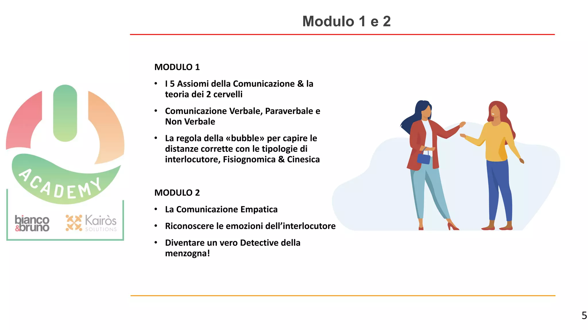 5
Modulo 1 e 2
MODULO 1
• I 5 Assiomi della Comunicazione & la
teoria dei 2 cervelli
• Comunicazione Verbale, Paraverbale e
Non Verbale
• La regola della «bubble» per capire le
distanze corrette con le tipologie di
interlocutore, Fisiognomica & Cinesica
MODULO 2
• La Comunicazione Empatica
• Riconoscere le emozioni dell’interlocutore
• Diventare un vero Detective della
menzogna!
 