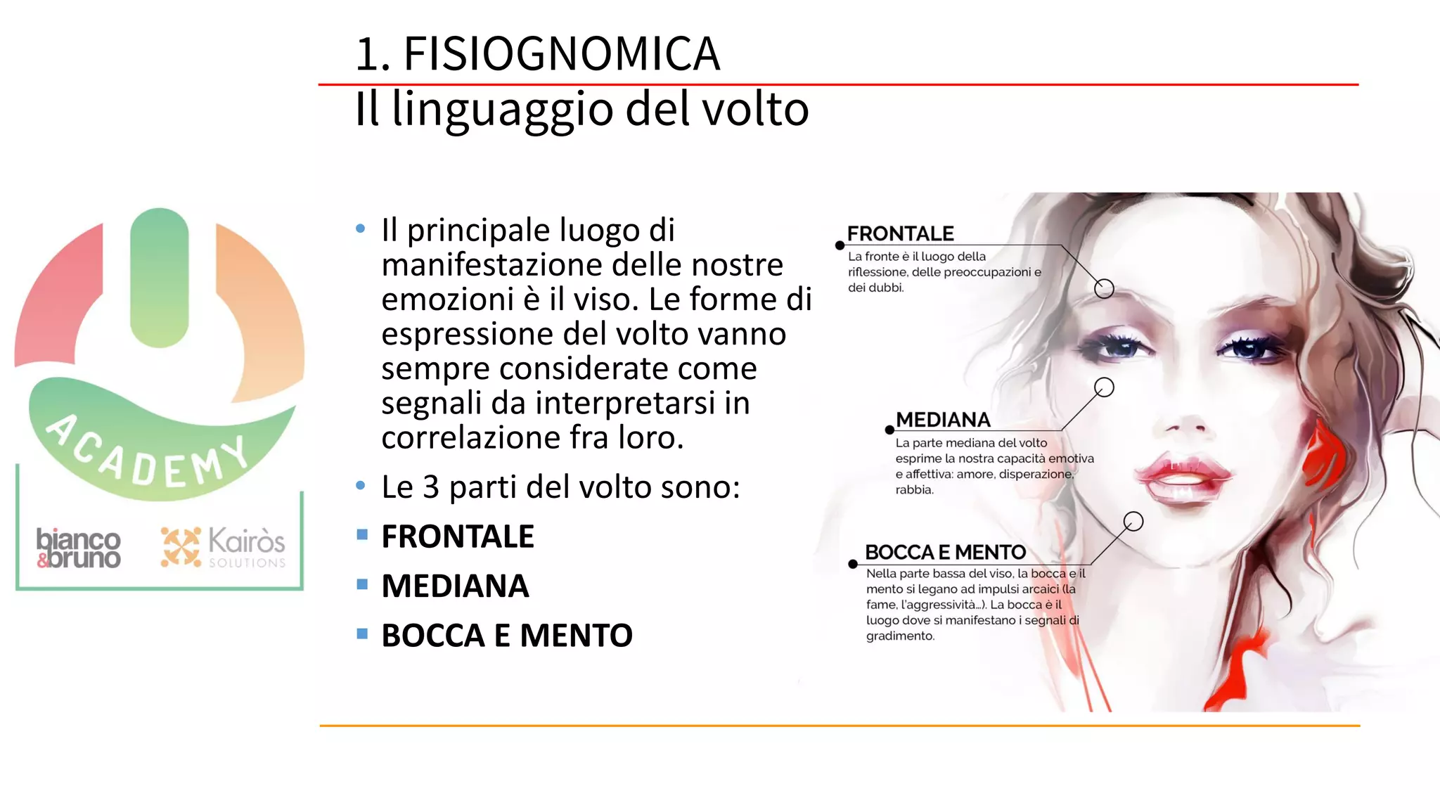 51
1. FISIOGNOMICA
Il linguaggio del volto
• Il principale luogo di
manifestazione delle nostre
emozioni è il viso. Le forme di
espressione del volto vanno
sempre considerate come
segnali da interpretarsi in
correlazione fra loro.
• Le 3 parti del volto sono:
▪ FRONTALE
▪ MEDIANA
▪ BOCCA E MENTO
 