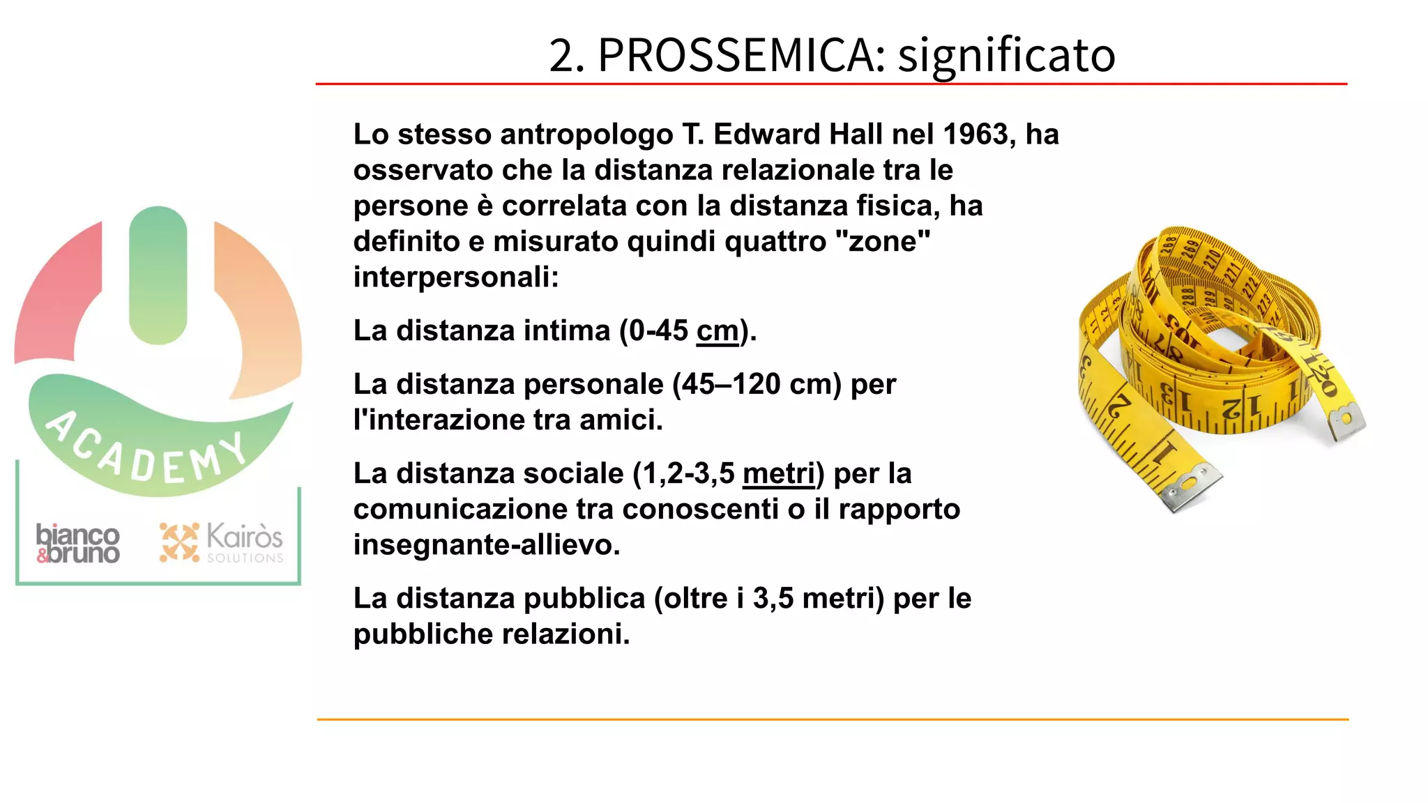 55
Lo stesso antropologo T. Edward Hall nel 1963, ha
osservato che la distanza relazionale tra le
persone è correlata con la distanza fisica, ha
definito e misurato quindi quattro "zone"
interpersonali:
La distanza intima (0-45 cm).
La distanza personale (45–120 cm) per
l'interazione tra amici.
La distanza sociale (1,2-3,5 metri) per la
comunicazione tra conoscenti o il rapporto
insegnante-allievo.
La distanza pubblica (oltre i 3,5 metri) per le
pubbliche relazioni.
2. PROSSEMICA: significato
 