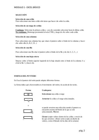 MODULO 1 - EXCEL BÁSICO
pág. 2
SELECCIÓN
Selección de una celda
Para seleccionar una única celda sólo tienes que hacer clic sobre la celda.
Selección de un rango de celdas
Continuas: Seleccione la primera celda y con clic sostenido seleccione hasta la última celda.
No continuas: Mantenga presionado la tecla CTRL y luego de clic sobre cada celda.
Selección de una columna
Para seleccionar una columna hay que situar el puntero sobre el titulo de la columna y hacer
clic sobre ella (A, B, C, D...)
Selección de una fila
Para seleccionar una fila situé el puntero sobre el titulo de la fila y de clic (1, 2, 3....)
Selección de una hoja entera
Situarse sobre el botón superior izquierdo de la hoja situado entre el titulo de la columna A y
el de la fila 1 y hacer clic.
FORMAS DEL PUNTERO
En Excel el puntero del ratón puede adoptar diferentes formas.
La forma indica qué efecto tendrá en el movimiento del ratón y la acción de las teclas.
Forma Usada para:
Seleccionar una celda o rango
o
Arrastrar la celda o el rango seleccionados.
se puede arrastrar una selección cuando el puntero se
encuentra encima del borde de lo que se está
seleccionando, Mover.
Llenar (copiar valores dentro de las celdas a través de
las que arrastra) o llenar series (copia un diseño de
valores, como el llenado de los días de la semana)
 