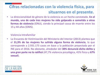 Cifras relacionadas con la violencia física, para
situarnos en el presente.
• La direccionalidad de género de la violencia es un hecho constatado. En el
mundo, una de cada tres mujeres ha sido golpeada o sometida a otras
formas de violencia (ONU), siendo la principal causa de muerte entre los
15 y 44 años (OMS).
Violencia Intrafamiliar
• La Encuesta de Victimización del Ministerio del Interior (2013) plantea que
el 31,9% de las mujeres ha sufrido alguna forma de violencia, lo que
corresponde a 2.931.173 casos en base a la población proyectada por el
INE para el 2016. No obstante, alrededor del 30% denunció dicho delito y
una gran parte no lo ratificó (47,7% violencia psicológica, 41% física y 67%
sexual).
 