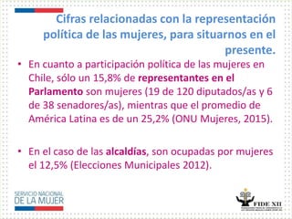Cifras relacionadas con la representación
política de las mujeres, para situarnos en el
presente.
• En cuanto a participación política de las mujeres en
Chile, sólo un 15,8% de representantes en el
Parlamento son mujeres (19 de 120 diputados/as y 6
de 38 senadores/as), mientras que el promedio de
América Latina es de un 25,2% (ONU Mujeres, 2015).
• En el caso de las alcaldías, son ocupadas por mujeres
el 12,5% (Elecciones Municipales 2012).
 