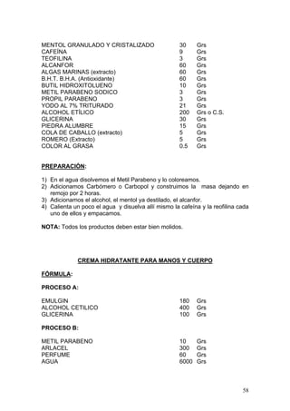 MENTOL GRANULADO Y CRISTALIZADO                      30     Grs
CAFEÍNA                                              9      Grs
TEOFILINA                                            3      Grs
ALCANFOR                                             60     Grs
ALGAS MARINAS (extracto)                             60     Grs
B.H.T. B.H.A. (Antioxidante)                         60     Grs
BUTIL HIDROXITOLUENO                                 10     Grs
METIL PARABENO SODICO                                3      Grs
PROPIL PARABENO                                      3      Grs
YODO AL 7% TRITURADO                                 21     Grs
ALCOHOL ETÍLICO                                      200    Grs o C.S.
GLICERINA                                            30     Grs
PIEDRA ALUMBRE                                       15     Grs
COLA DE CABALLO (extracto)                           5      Grs
ROMERO (Extracto)                                    5      Grs
COLOR AL GRASA                                       0.5    Grs


PREPARACIÓN:

1) En el agua disolvemos el Metil Parabeno y lo coloreamos.
2) Adicionamos Carbómero o Carbopol y construimos la masa dejando en
   remojo por 2 horas.
3) Adicionamos el alcohol, el mentol ya destilado, el alcanfor.
4) Calienta un poco el agua y disuelva allí mismo la cafeína y la reofilina cada
   uno de ellos y empacamos.

NOTA: Todos los productos deben estar bien molidos.




             CREMA HIDRATANTE PARA MANOS Y CUERPO

FÓRMULA:

PROCESO A:

EMULGIN                                              180    Grs
ALCOHOL CETILICO                                     400    Grs
GLICERINA                                            100    Grs

PROCESO B:

METIL PARABENO                                       10     Grs
ARLACEL                                              300    Grs
PERFUME                                              60     Grs
AGUA                                                 6000   Grs



                                                                             58
 