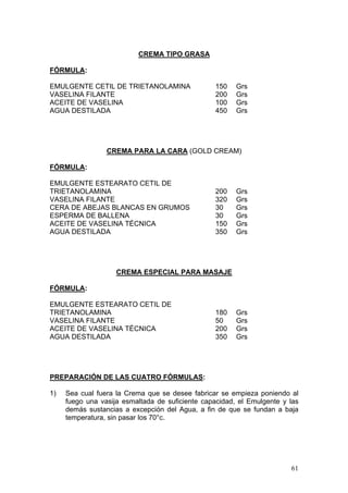 CREMA TIPO GRASA

FÓRMULA:

EMULGENTE CETIL DE TRIETANOLAMINA                 150   Grs
VASELINA FILANTE                                  200   Grs
ACEITE DE VASELINA                                100   Grs
AGUA DESTILADA                                    450   Grs




                 CREMA PARA LA CARA (GOLD CREAM)

FÓRMULA:

EMULGENTE ESTEARATO CETIL DE
TRIETANOLAMINA                                    200   Grs
VASELINA FILANTE                                  320   Grs
CERA DE ABEJAS BLANCAS EN GRUMOS                  30    Grs
ESPERMA DE BALLENA                                30    Grs
ACEITE DE VASELINA TÉCNICA                        150   Grs
AGUA DESTILADA                                    350   Grs




                    CREMA ESPECIAL PARA MASAJE

FÓRMULA:

EMULGENTE ESTEARATO CETIL DE
TRIETANOLAMINA                                    180   Grs
VASELINA FILANTE                                  50    Grs
ACEITE DE VASELINA TÉCNICA                        200   Grs
AGUA DESTILADA                                    350   Grs




PREPARACIÓN DE LAS CUATRO FÓRMULAS:

1)   Sea cual fuera la Crema que se desee fabricar se empieza poniendo al
     fuego una vasija esmaltada de suficiente capacidad, el Emulgente y las
     demás sustancias a excepción del Agua, a fin de que se fundan a baja
     temperatura, sin pasar los 70°c.




                                                                        61
 