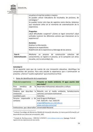 24
visualizar el nivel de cambio o mejora.
Se pueden utilizar indicadores de resultados, de procesos, de
estrategias.8
Se pueden incluir otro tipo de registros como diarios, bitácoras
que resultarán útiles en el momento de sistematización de la
experiencia.
Preguntas:
¿Qué dificultades surgieron? ¿Cómo se logró vencerlas? ¿Qué
actitudes tuvieron los diferentes actores que intervienen en la
experiencia?
Acciones:
Analizar la información.
Apoyarse en especialistas.
Redefinición de la experiencia y liderazgo de los actores
Fase 6:
Sistematización
Mediante un proceso de construcción colectiva del
conocimiento, se registra el proceso, se lo comparte con otras
escuelas, con la comunidad, etc.
Actividad 2:
En el siguiente caso que da cuenta de una innovación educativa, identifique los
componentes del proceso. Para esto estudie la experiencia que a continuación se
presenta y llene el “cuadro explicativo” que encontrará al final.
1. Datos de identificación de la experiencia
Título de la experiencia Proyecto en medio ambiente. El agua asunto vital
para todos9
Área temática de la
innovación:
Desarrollo institucional, educación y cultura
Palabras que describen la
innovación:
Relación con el medio ambiente, fortalecimiento
comunal, currículum transversal.
Localidad y país: Colombia.
Persona responsable y de
contacto:
José Gregorio Rodríguez.
Telf. 3165170 – Fax: 3165170
progred@bacata.usc.unal.edu.co
www.unal.edu.co/un/red
Instituciones que desarrollan Universidad Nacional.
8
Instituto Tecnológico de Monterrey, Modelo de Innovación educativa. Un marco para la formación y el
desarrollo de una cultura de la innovación, 1997.
9
Tomado de: Red Innovemos – OREALC-UNESCO. www.redinnovemos.com. Santiago. Ficha de
registro de una experiencia de innovación.
 