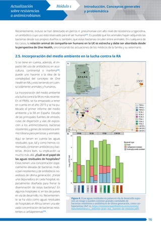 Módulo 1 Introducción. Conceptos generales
y problemática
16
Actualización
sobre resistencias
a antimicrobianos
Recientemente, incluso se han detectado en perros K. pneumoniae con alto nivel de resistencia a tigeciclina,
un antibiótico cuyo uso está reservado para el ser humano(21)
. Es posible que los animales hayan adquirido las
bacterias desde sus propios dueños o, también, que estas bacterias circulen entre animales. En cualquiera de
los casos, la relación animal de compañía-ser humano en la UE es estrecha y debe ser abordada desde
la perspectiva de One Health, sincronizando las actuaciones de los médicos de la familia y su veterinario.
2.5. Incorporación del medio ambiente en la lucha contra la RA
Si se tiene en cuenta, además, el im-
pacto del uso de antibióticos en acui-
cultura, continental o marítima(22)
,
puede uno hacerse a la idea de la
complejidad del concepto de One
Health en RA, y esto teniendo en cuen-
ta solamente animales y humanos.
La incorporación del medio ambiente
a la lucha contra la RA es más reciente.
En el PRAN, se ha empezado a tener
en cuenta en el año 2019 y se ha pu-
blicado el primer informe del medio
ambiente y la RA en España: Estudio
de las principales fuentes de emisión,
rutas de dispersión y vías de exposi-
ción a los antimicrobianos, bacterias
resistentes y genes de resistencia anti-
microbiana para personas y animales.
Aquí se tienen en cuenta las aguas
residuales que, tal y como hemos co-
mentado, contienen antibióticos y bac-
terias. Ahora bien, su implicación va
mucho más allá. ¿Cuál es el papel de
las aguas residuales de hospitales?
Estas tienen una concentración espe-
cialmente elevada de bacterias multi-
o pan-resistentes y de antibióticos no-
vedosos de última generación. ¿Existe
una depuradora en cada hospital, es-
pecialmente diseñada para frenar la
diseminación de estas bacterias? En
algunos hospitales sí, en los de países
en vía de desarrollo, no. Recientemen-
te se ha visto como aguas residuales
de hospitales en África, tienen una ele-
vada concentración de bacterias resis-
tentes a carbapenemas(23)
.
Figura 8. ELas aguas residuales en países en vía de desarrollo supo-
nen un riesgo y pueden contener grandes cantidades de
bacterias resistentes a antibióticos de última generación, como car-
bapenemas (Ref 23, https://resistenciaantibioticos.es/es/system/
files/field/files/1.1_informe-pran-ma_fuentes-de-emision.pdf).
 