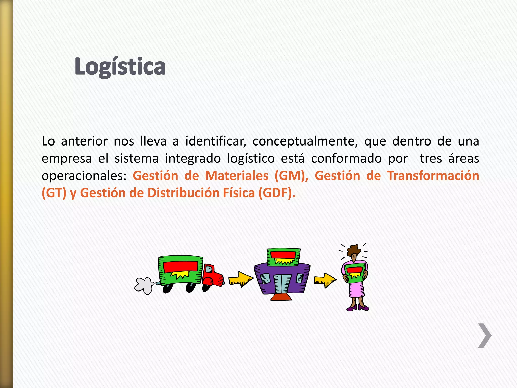 Lo anterior nos lleva a identificar, conceptualmente, que dentro de una 
empresa el sistema integrado logístico está conformado por tres áreas 
operacionales: Gestión de Materiales (GM), Gestión de Transformación 
(GT) y Gestión de Distribución Física (GDF). 
 