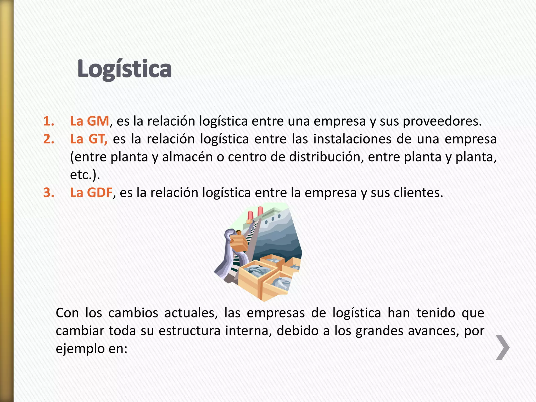 1. La GM, es la relación logística entre una empresa y sus proveedores. 
2. La GT, es la relación logística entre las instalaciones de una empresa 
(entre planta y almacén o centro de distribución, entre planta y planta, 
etc.). 
3. La GDF, es la relación logística entre la empresa y sus clientes. 
Con los cambios actuales, las empresas de logística han tenido que 
cambiar toda su estructura interna, debido a los grandes avances, por 
ejemplo en: 
 