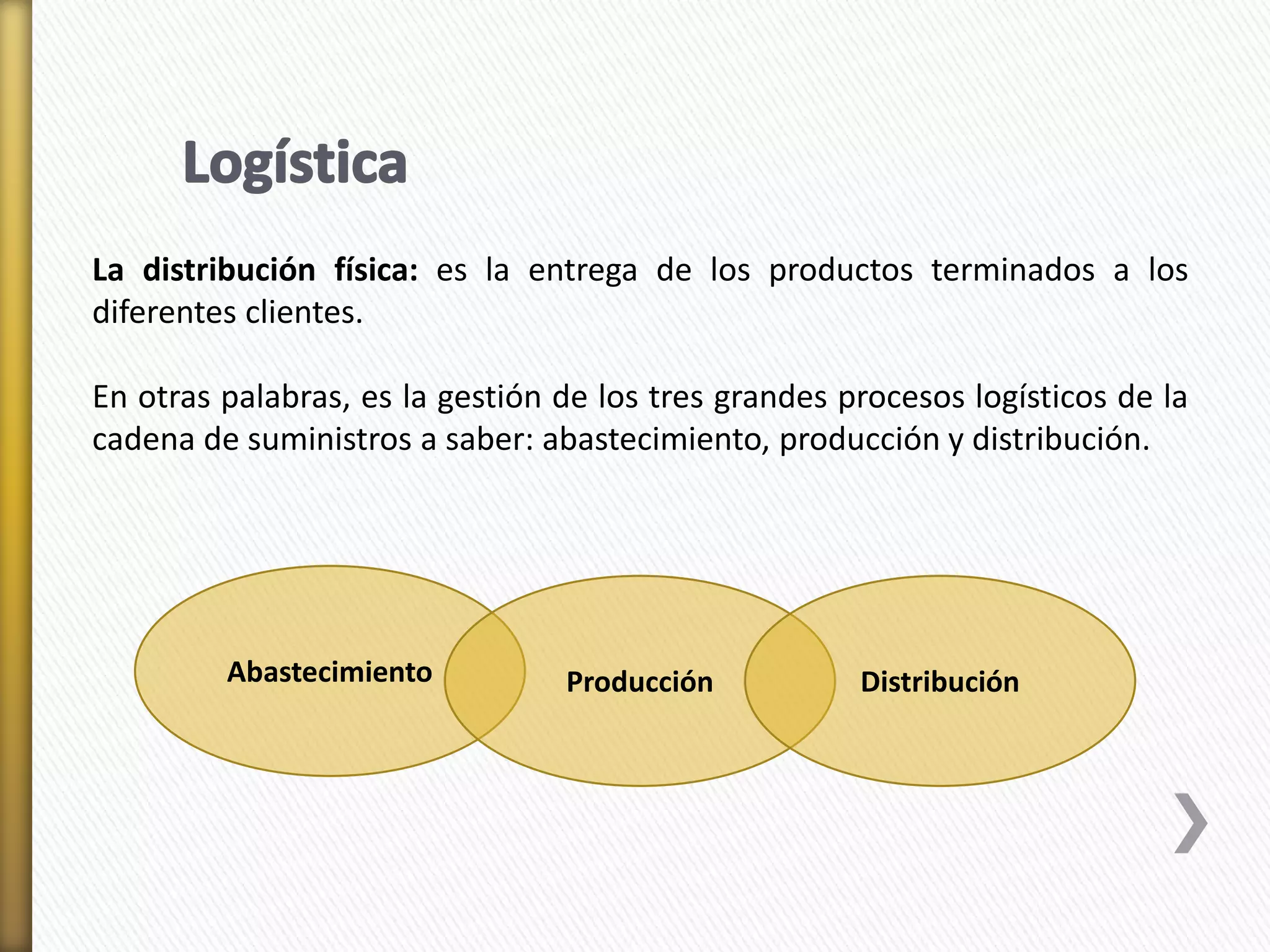 La distribución física: es la entrega de los productos terminados a los 
diferentes clientes. 
En otras palabras, es la gestión de los tres grandes procesos logísticos de la 
cadena de suministros a saber: abastecimiento, producción y distribución. 
Abastecimiento Producción Distribución 
 