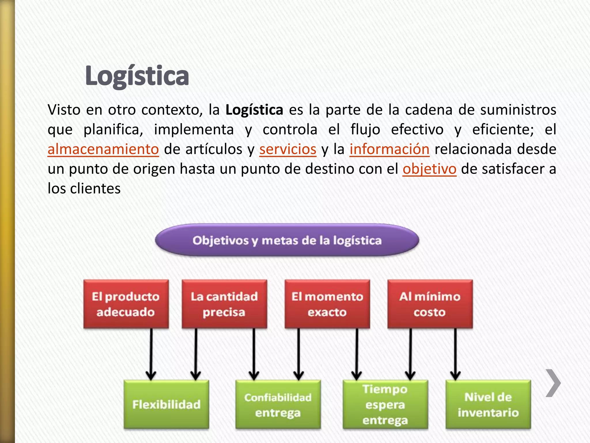 Visto en otro contexto, la Logística es la parte de la cadena de suministros 
que planifica, implementa y controla el flujo efectivo y eficiente; el 
almacenamiento de artículos y servicios y la información relacionada desde 
un punto de origen hasta un punto de destino con el objetivo de satisfacer a 
los clientes 
 