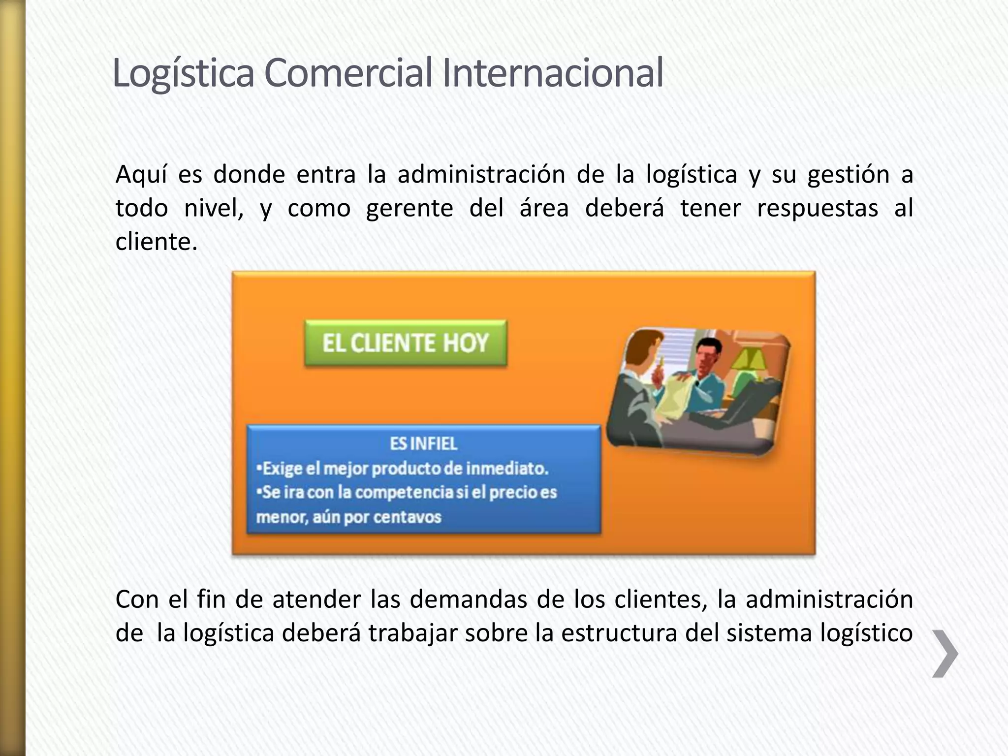 Logística Comercial Internacional 
Aquí es donde entra la administración de la logística y su gestión a 
todo nivel, y como gerente del área deberá tener respuestas al 
cliente. 
Con el fin de atender las demandas de los clientes, la administración 
de la logística deberá trabajar sobre la estructura del sistema logístico 
 