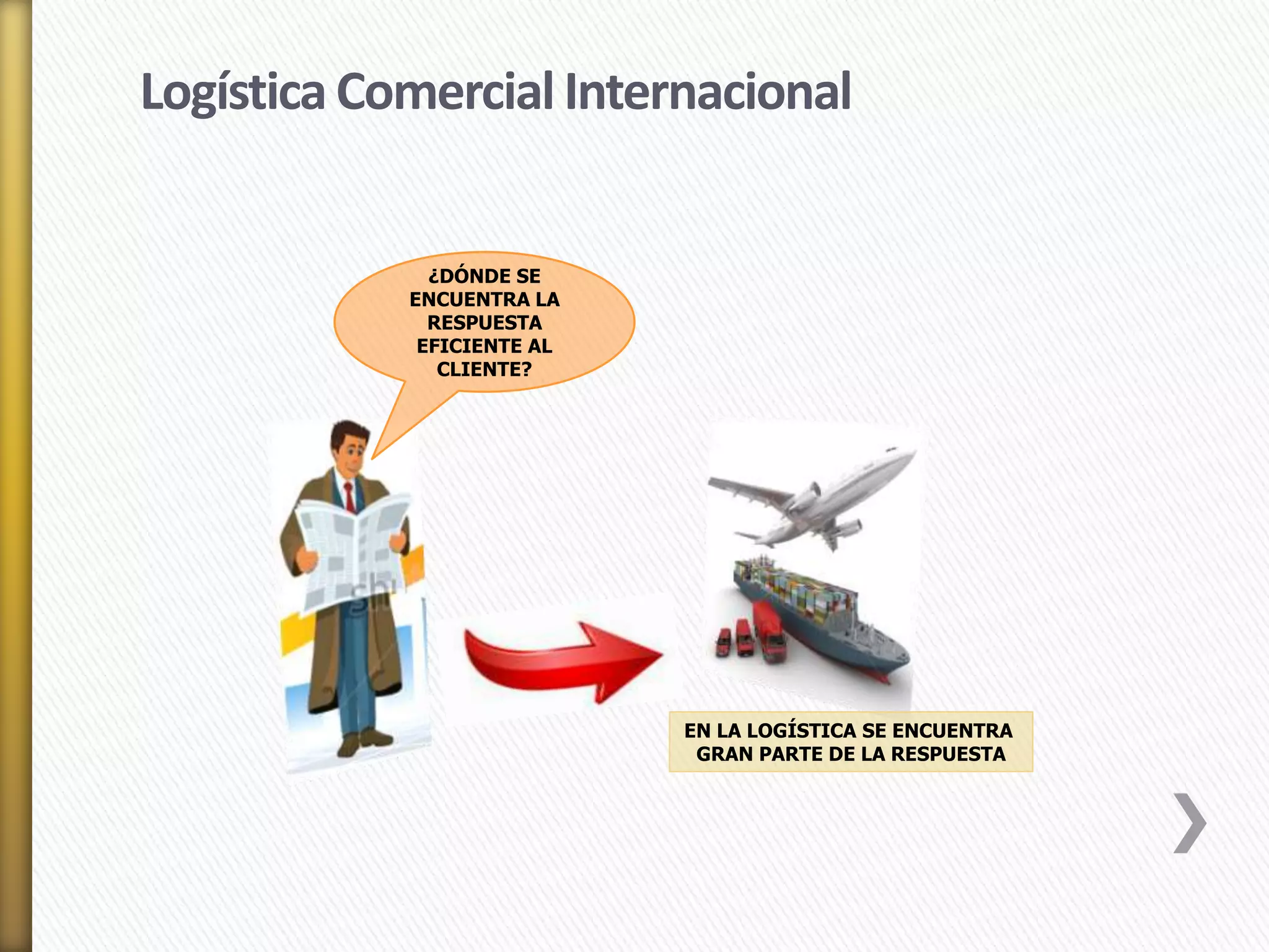 Logística Comercial Internacional 
¿DÓNDE SE 
ENCUENTRA LA 
RESPUESTA 
EFICIENTE AL 
CLIENTE? 
EN LA LOGÍSTICA SE ENCUENTRA 
GRAN PARTE DE LA RESPUESTA 
 