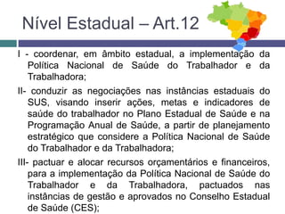 Nível Estadual – Art.12
I - coordenar, em âmbito estadual, a implementação da
Política Nacional de Saúde do Trabalhador e da
Trabalhadora;
II- conduzir as negociações nas instâncias estaduais do
SUS, visando inserir ações, metas e indicadores de
saúde do trabalhador no Plano Estadual de Saúde e na
Programação Anual de Saúde, a partir de planejamento
estratégico que considere a Política Nacional de Saúde
do Trabalhador e da Trabalhadora;
III- pactuar e alocar recursos orçamentários e financeiros,
para a implementação da Política Nacional de Saúde do
Trabalhador e da Trabalhadora, pactuados nas
instâncias de gestão e aprovados no Conselho Estadual
de Saúde (CES);
 
