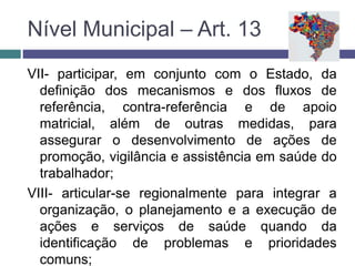 VII- participar, em conjunto com o Estado, da
definição dos mecanismos e dos fluxos de
referência, contra-referência e de apoio
matricial, além de outras medidas, para
assegurar o desenvolvimento de ações de
promoção, vigilância e assistência em saúde do
trabalhador;
VIII- articular-se regionalmente para integrar a
organização, o planejamento e a execução de
ações e serviços de saúde quando da
identificação de problemas e prioridades
comuns;
Nível Municipal – Art. 13
 