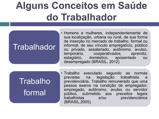 Alguns Conceitos em Saúde
do Trabalhador
• Homens e mulheres, independentemente de
sua localização, urbana ou rural, de sua forma
de inserção no mercado de trabalho, formal ou
informal, de seu vínculo empregatício, público
ou privado, assalariado, autônomo, avulso,
temporário, cooperativados, aprendiz,
estagiário, doméstico, aposentado ou
desempregado (BRASIL, 2012)
Trabalhador
• Trabalho executado segundo as normas
previstas na legislação trabalhista e
previdenciária. Trabalho remunerado que uma
pessoa exerce na condição de empregador,
empregado, autônomo, avulso ou servidor
público, submetido aos preceitos legais
trabalhistas e/ou previdenciários
(BRASIL,2005).
Trabalho
formal
 