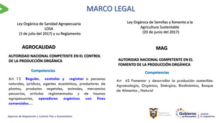 MARCO LEGAL
Art 13 Regular, controlar y registrar a personas
naturales, jurídicas, agentes económicos, productores de
plantas, productos vegetales, animales, mercancías
pecuarias, artículos reglamentados y de insumos
agropecuarios, operadores orgánicos con fines
comerciales…
AGROCALIDAD
AUTORIDAD NACIONAL COMPETENTE EN EL CONTROL
DE LA PRODUCCIÓN ORGÁNICA
Competencias
Ley Orgánica de Sanidad Agropecuaria
LOSA
(3 de julio del 2017) y su Reglamento
Ley Orgánica de Semillas y fomento a la
Agricultura Sustentable
(20 de junio del 2017)
MAG
AUTORIDAD NACIONAL COMPETENTE EN EL
FOMENTO DE LA PRODUCCIÓN ORGÁNICA
Competencias
Art 42 Fomentar y desarrollar la producción sostenible:
Agroecología, Orgánica, Sinérgica, Biodinámica, Bosque
de Alimentos , Natural
 