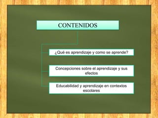 CONTENIDOS



¿Qué es aprendizaje y como se aprende?



Concepciones sobre el aprendizaje y sus
               efectos


Educabilidad y aprendizaje en contextos
               escolares
 