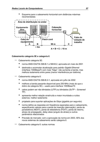 Redes Locais de Computadores                                                    57

      •    Esquema para o cabeamento horizontal com distâncias máximas
           recomendadas:

      Área de distribuição no andar

    Equipamento                            Cabeação
       ativo                               horizontal


                                                                   Cabo da
          Cabo do                Patch cord                        estação de
          equipamento                                              trabalho
                 A         B              90 m               C
                         ≤ 5m
                                          A + B + C ≤ 10 m


Cabeamento categoria 5E e categoria 6

  –   Cabeamento categoria 5E:
      •    norma ANSI EIA/TIA 568-B.1 e 568-B.2, aprovada em maio de 2001
      •    destinada a acomodar atualização para padrão Gigabit Ethernet
           (interface 1000BaseT) com mais “folga”: não aumenta a banda, mas
           melhora isolamento entre pares (menor interferência por diafonia)

  –   Cabeamento categoria 6:
      •    norma ANSI EIA/TIA 568-B.2-1, aprovada em julho de 2002
      •    melhora a banda passante disponível para 250 MHz (mais do que o
           dobro da categoria 5E) – usado para interface 1000BaseTX
      •    cabos podem ser não blindados (UTP) ou blindados (ScTP – Screened
           TP)
      •    apresenta melhor relação sinal/ruído e maior imunidade a ruídos
           externos: melhor isolamento
      •    projetado para suportar aplicações de Gbps (gigabits por segundo)
      •    norma define as respostas em freqüência esperadas para o cabeamento,
           especificando valores para a perda de inserção (atenuação), perda de
           paradiafonia (NEXT), perda de telediafonia (FEXT), perda de retorno,
           atraso de propagação, delay skew (angulo de atraso) e outros
           parâmetros relacionados
      •    Previsão de mercado: com a aprovação da norma em 2003, 90% dos
           novos sistemas de cabeamento serão categoria 6

  –   Cabeamento categoria 6: outras normas
 