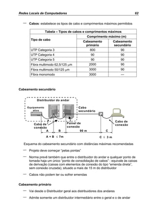 Redes Locais de Computadores                                                     62


  –    Cabos: estabelece os tipos de cabo e comprimentos máximos permitidos

                    Tabela – Tipos de cabos e comprimentos máximos
                                                Comprimento máximo (m)
        Tipo de cabo
                                             Cabeamento           Cabeamento
                                              primário            secundário
        UTP Categoria 3                           800                     90
        UTP Categoria 4                           90                      90
        UTP Categoria 5                           90                      90
        Fibra multimodo 62,5/125 µm              2000                     90
        Fibra multimodo 50/125 µm                3000                     90
        Fibra monomodo                           3000                     ---



Cabeamento secundário


            Distribuidor do andar

      Equipamento                         Cabo
          ativo                           secundário


                                                                       Cabo de
          Cabo de                Painel de
                                                                       conexão
          conexão                conexão
                 A          B            90 m                C

                    A + B ≤ 7m                           C ≤ 3m

  Esquema do cabeamento secundário com distâncias máximas recomendadas

  –    Projeto deve começar “pelas pontas”

  –    Norma prevê também que entre o distribuidor do andar e qualquer ponto de
       tomada haja um único “ponto de consolidação de cabos” : equivale às caixas
       de derivação (caixas com elementos de conexão do tipo “emenda direta”,
       sem conexão cruzada), situado a mais de 15 m do distribuidor

  –    Cabos não podem ter ou sofrer emendas


Cabeamento primário

  –    Vai desde o Distribuidor geral aos distribuidores dos andares

  –    Admite somente um distribuidor intermediário entre o geral e o de andar
 