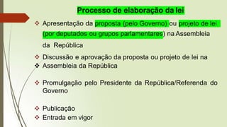 Processo de elaboração da lei
proposta (pelo Governo)
 Apresentação da ou projeto de lei
(por deputados ou grupos parlamentares) na Assembleia
da República
 Discussão e aprovação da proposta ou projeto de lei na
 Assembleia da República
 Promulgação pelo Presidente da República/Referenda do
Governo
 Publicação
 Entrada em vigor
 