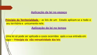 Aplicação da lei no espaço
Principio da Territorialidade – as leis de um Estado aplicam-se a todo o
seu território e unicamente nele.
Aplicação da lei no tempo
Uma lei só pode ser aplicada a casos ocorridos após a sua entrada em
vigor – Princípio da não retroatividade das leis
 