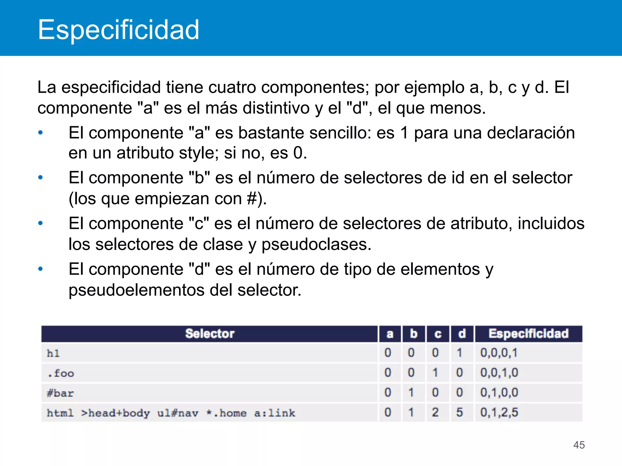Especificidad
45
La especificidad tiene cuatro componentes; por ejemplo a, b, c y d. El
componente "a" es el más distintivo y el "d", el que menos.
•  El componente "a" es bastante sencillo: es 1 para una declaración
en un atributo style; si no, es 0.
•  El componente "b" es el número de selectores de id en el selector
(los que empiezan con #).
•  El componente "c" es el número de selectores de atributo, incluidos
los selectores de clase y pseudoclases.
•  El componente "d" es el número de tipo de elementos y
pseudoelementos del selector.
 